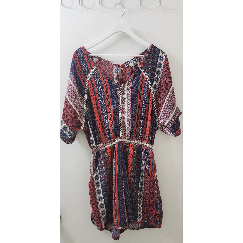 Nikibiki Womens Boho Paisley Print Romper Red Blue White Lace Trim Size M